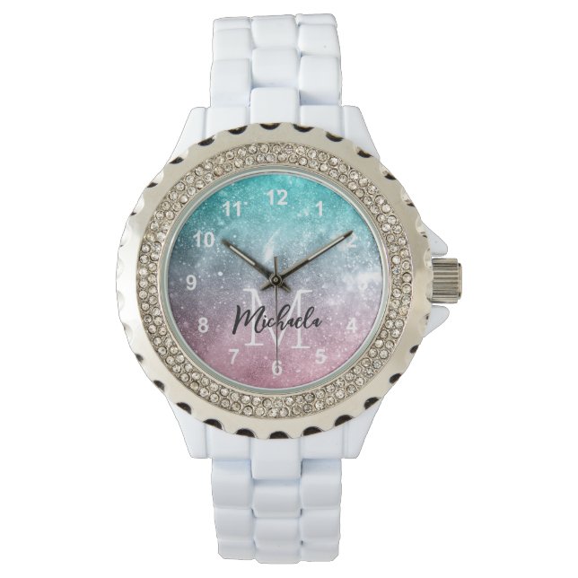 Aqua blue Pink ombre sea galaxy abstract Monogram Watch (Front)