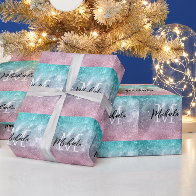 Aqua blue Pink ombre sea galaxy abstract Monogram Wrapping Paper (Holidays)