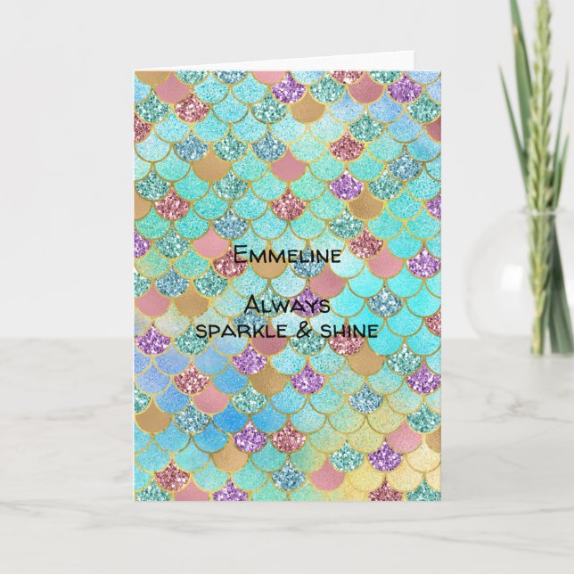 Aqua Blue Pink Purple Gold Glitter Mermaid Card (Front)