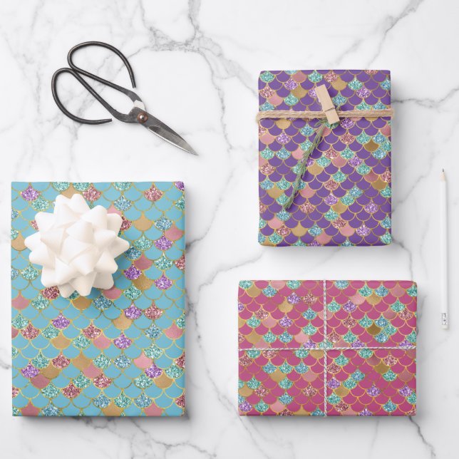 Aqua Blue Pink Purple Gold Glitter Mermaid Wrapping Paper Sheet (Front)
