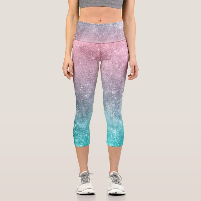 Aqua blue Pink sea galaxy abstract Capri Leggings (Front)
