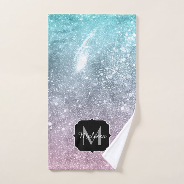 Aqua blue Pink sea galaxy abstract Monogram Bath Towel Set (Hand Towel)