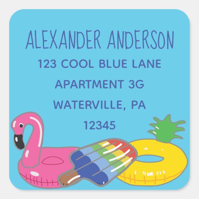 Aqua Blue Pool Floats Square Return Address Labels (Front)