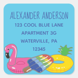 Aqua Blue Pool Floats Square Return Address Labels