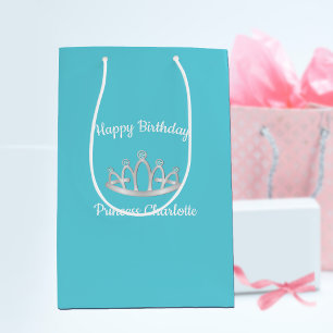 Aqua Blue Princess Tiara Birthday Medium Gift Bag