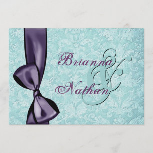 Aqua Blue Purple Damask Bow Wedding Invitation