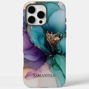 Aqua Blue Purple Gold Floral iPhone 16 Pro Max Case