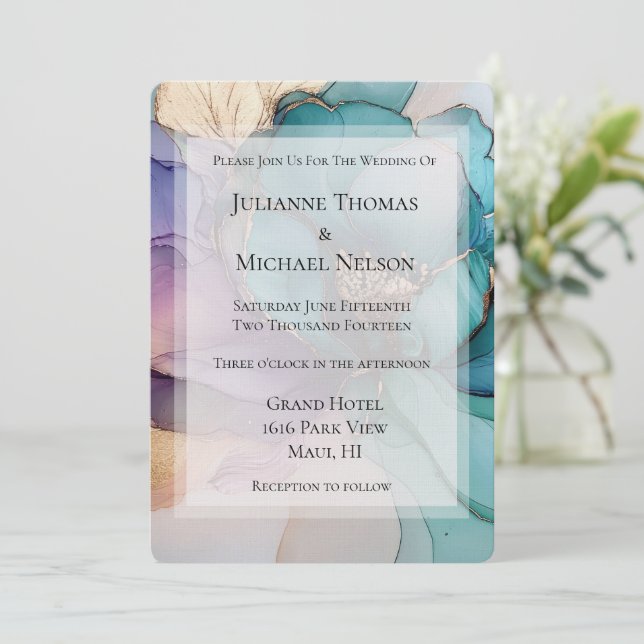 Aqua Blue Purple Gold Floral Wedding Invitation (Standing Front)