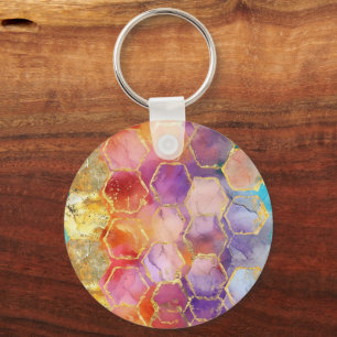 Aqua Blue Purple Green Pink Gold Honeycomb Keychain