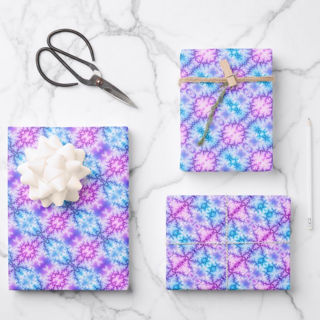 Aqua blue, purple snowflakes geometric pattern wrapping paper sheet (Front)