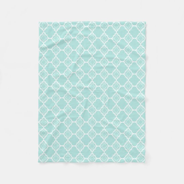 Aqua Blue Quatrefoil Geometric Pattern Fleece Blanket (Front)