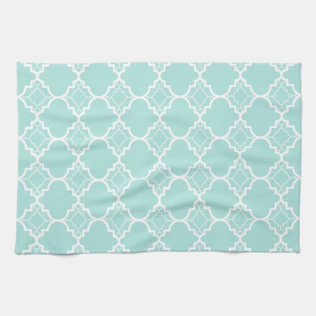 Aqua Blue Quatrefoil Geometric Pattern Kitchen Towel (Horizontal)