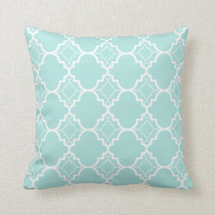 Aqua Blue Quatrefoil Geometric Pattern Throw Pillow