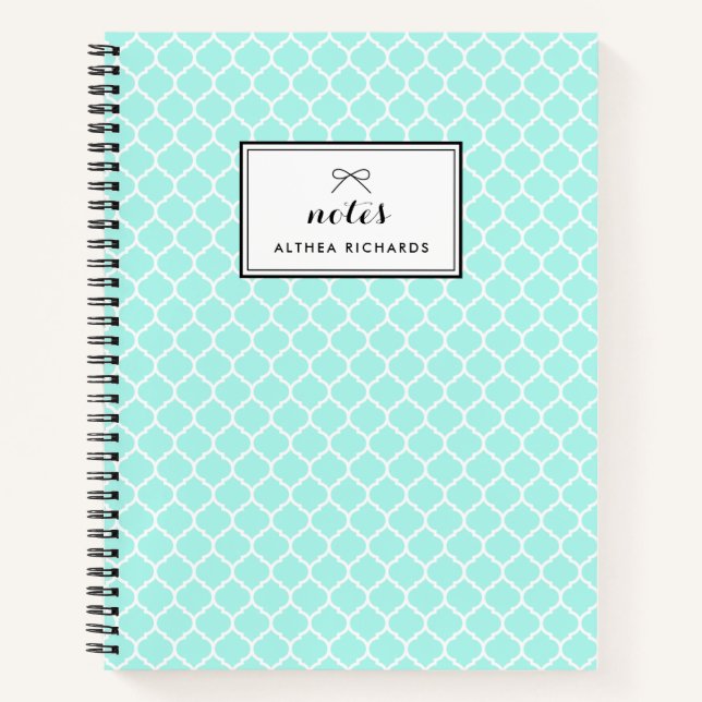 Aqua Blue Quatrefoil Pattern Personalized Notebook (Front)