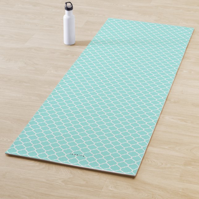 Aqua Blue Quatrefoil Pattern Personalized Yoga Mat (In Situ)