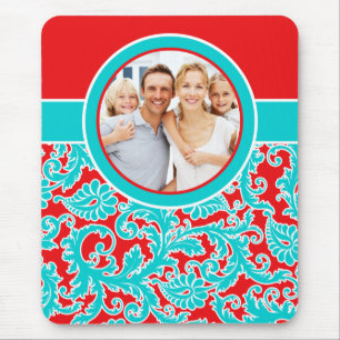 Aqua Blue, Red, and White Damask Photo Mousepad