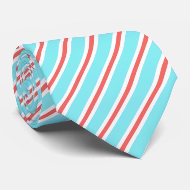 Aqua Blue, Red & White Diagonal Striped Neck Tie (Rolled)