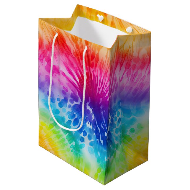 Aqua Blue Red Yellow Orange Tie Dye Birthday Medium Gift Bag (Front Angled)