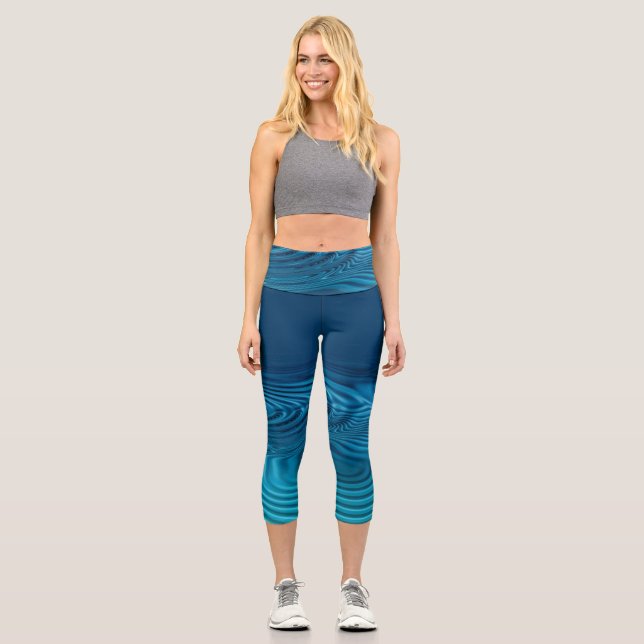 Aqua Blue Ripples  Capri Leggings (Front)