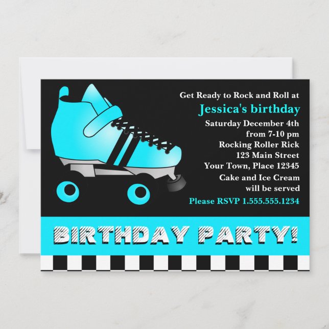 Aqua Blue Roller Skate Birthday Party Invitation (Front)