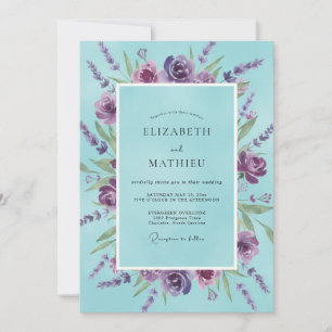 Aqua Blue Romantic Lavender Wedding Invitation