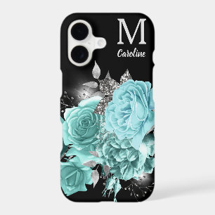 Aqua Blue Rose Silver Sparkle Bouquet Monogram