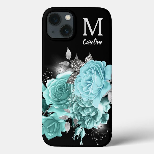 Aqua Blue Rose Silver Sparkle Bouquet Monogram  Case-Mate iPhone Case (Back)