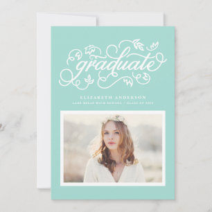 Aqua Blue Rustic Calligraphy Photo Graduation Invitation
