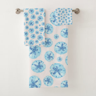 Aqua-blue sand dollar on ivory watercolor bath towel set