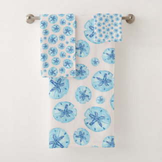 Aqua-blue sand dollar on ivory watercolor bath towel set