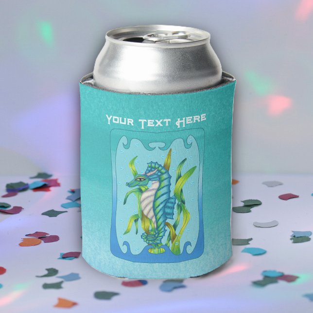 Aqua Blue Seahorse Creature Ornate Frame Bubbles Can Cooler (Fantasy aqua blue seahorse in blue ornate frame green seaweed bubbles on shades of blue can cooler.)