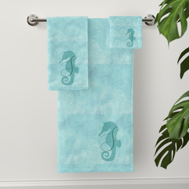 Aqua Blue Seahorse Monogram Bath Towel Set (A seahorse swims in an aqua blue ocean. Just add your initial)