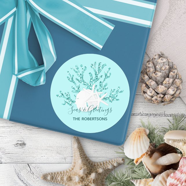Aqua Blue Seas and Greetings Christmas  Classic Round Sticker (Creator Uploaded)