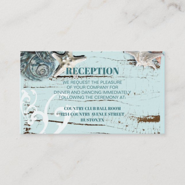 aqua blue seashell beach wedding detail enclosure card (Front)