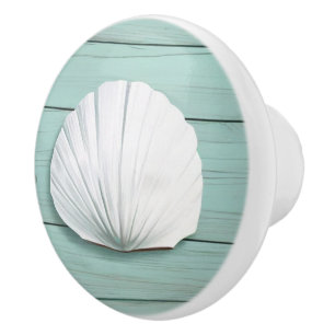 Aqua Blue Seashell Faux Wood Shell Drawer knob