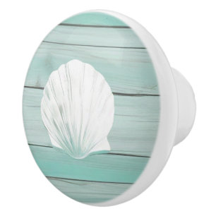Aqua Blue Seashell Faux Wood Shell Drawer knob