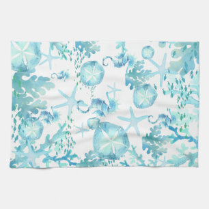 Aqua Blue Shells Seahorse Sanddollars Starfish Kitchen Towel