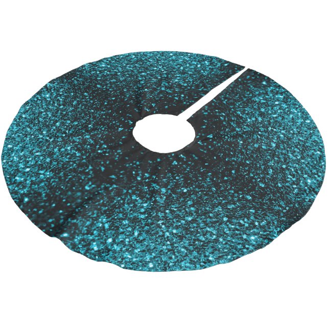 Aqua blue shiny faux glitter sparkles brushed polyester tree skirt (Angled)