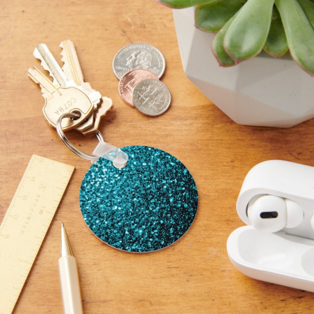 Aqua blue shiny faux glitter sparkles keychain (Desk)