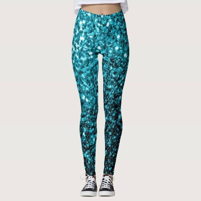 Aqua blue shiny faux glitter sparkles leggings (Front)