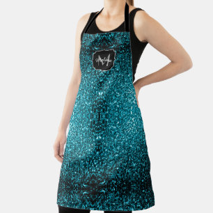 Aqua blue shiny faux glitter sparkles Monogram Apron