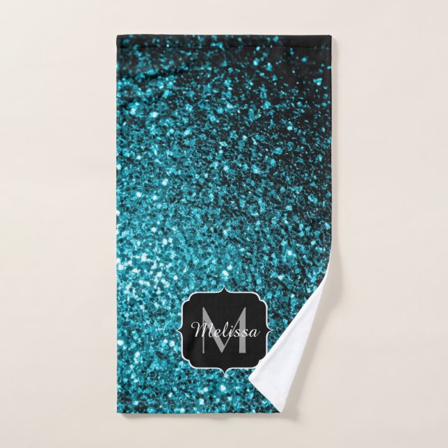 Aqua blue shiny faux glitter sparkles Monogram Bath Towel Set (Hand Towel)