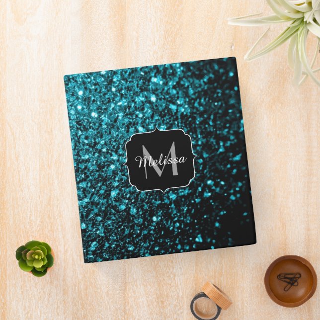 Aqua blue shiny faux glitter sparkles Monogram Binder (In Situ)