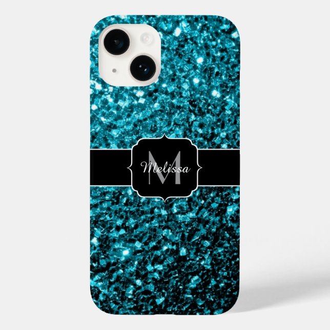 Aqua blue shiny faux glitter sparkles Monogram Case-Mate iPhone Case (Back)