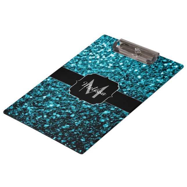 Aqua blue shiny faux glitter sparkles Monogram Clipboard (Angled)