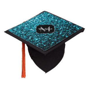 Aqua blue shiny faux glitter sparkles Monogram Graduation Cap Topper