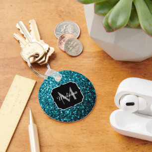 Aqua blue shiny faux glitter sparkles Monogram Keychain