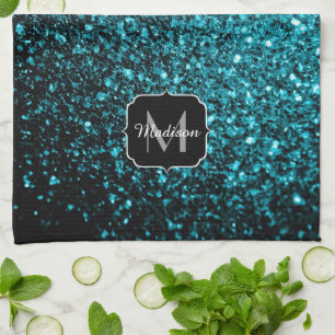 Aqua blue shiny faux glitter sparkles Monogram Kitchen Towel