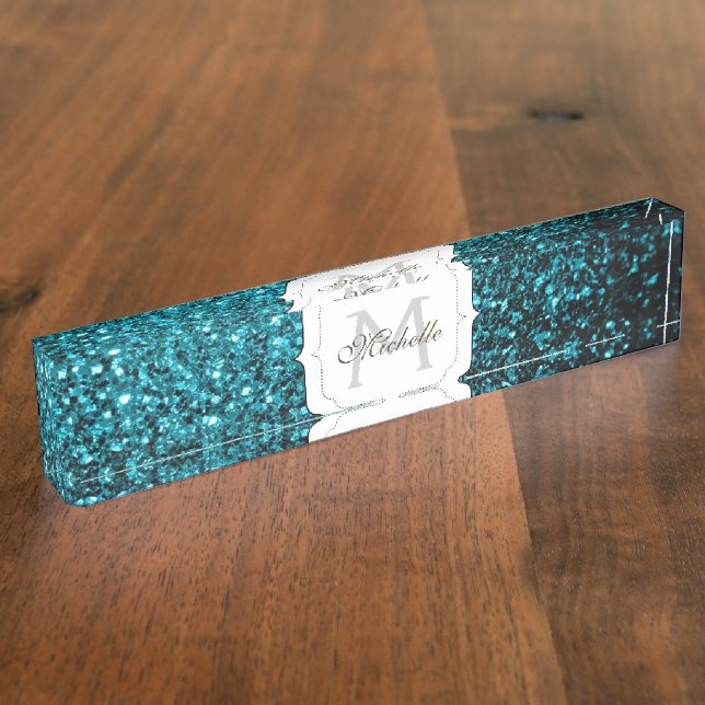 Aqua blue shiny faux glitter sparkles Monogram Nameplate (Side)
