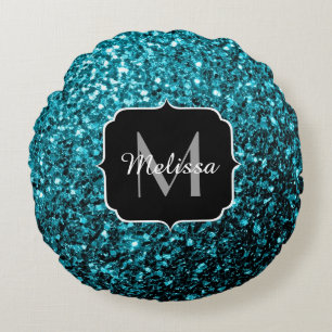 Aqua blue shiny faux glitter sparkles Monogram Round Pillow
